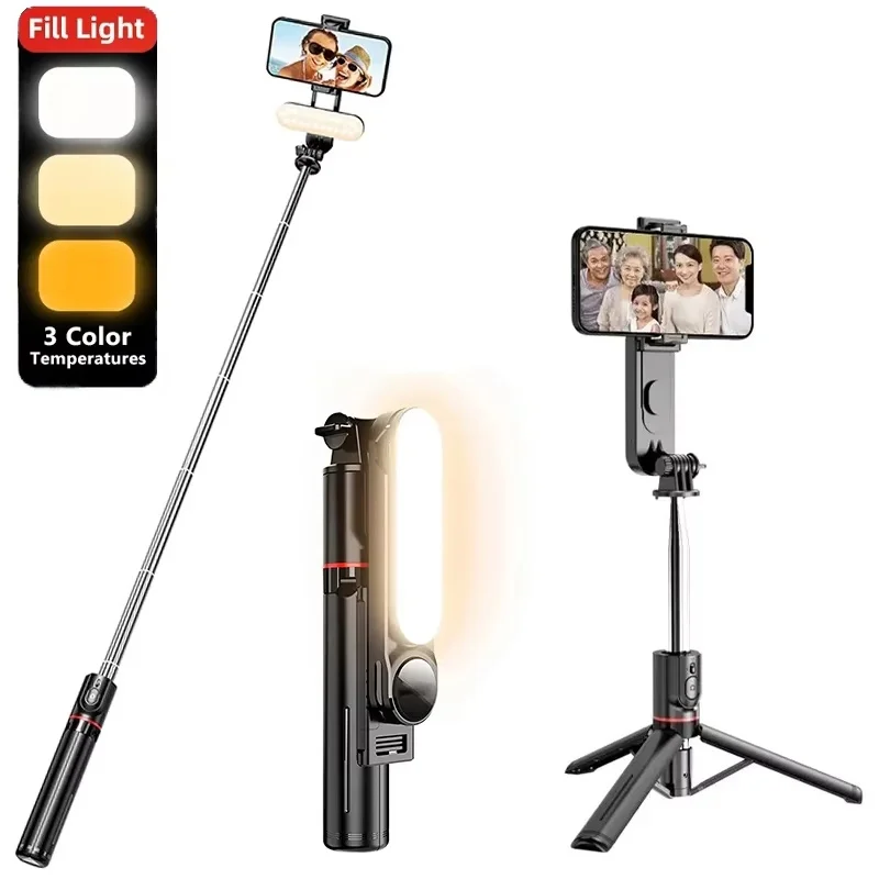 Trípode plegable para selfies con luz LED, Control remoto inalámbrico por Bluetooth, trípode portátil para iPhone, Huawei, Realme, OPPO
