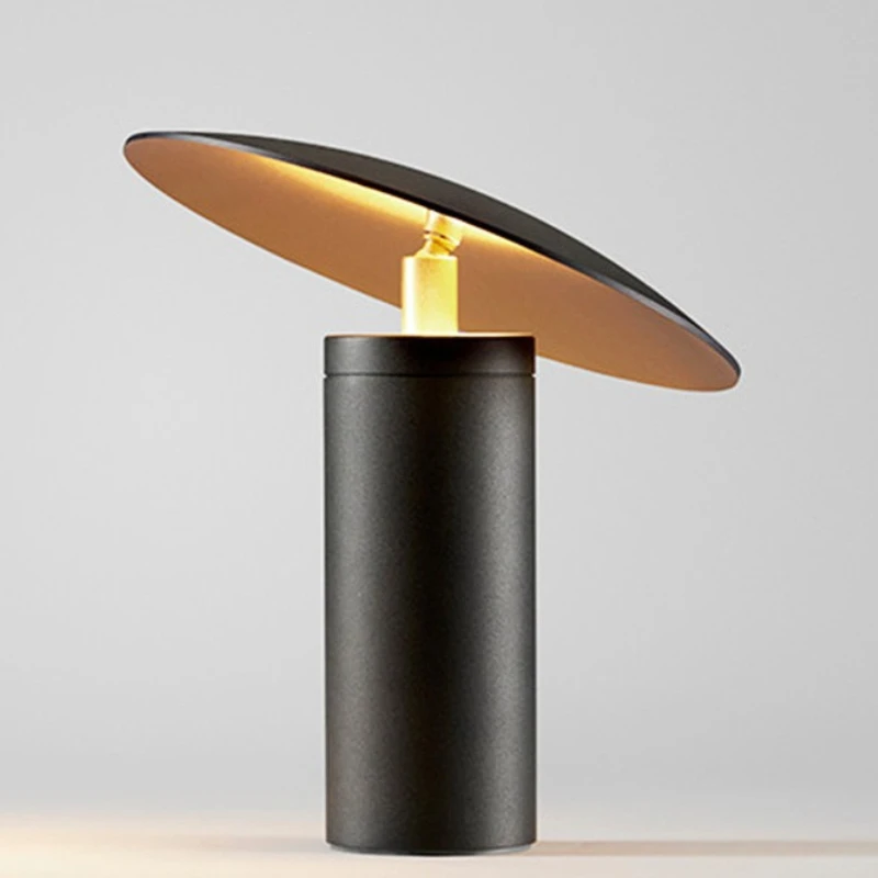 Modern Minimalist Black Cylindrical Table Lamp Led Decor Angled Disc Top Warm Glow Bedroom Living Room Hotel Bedside Desk Lights