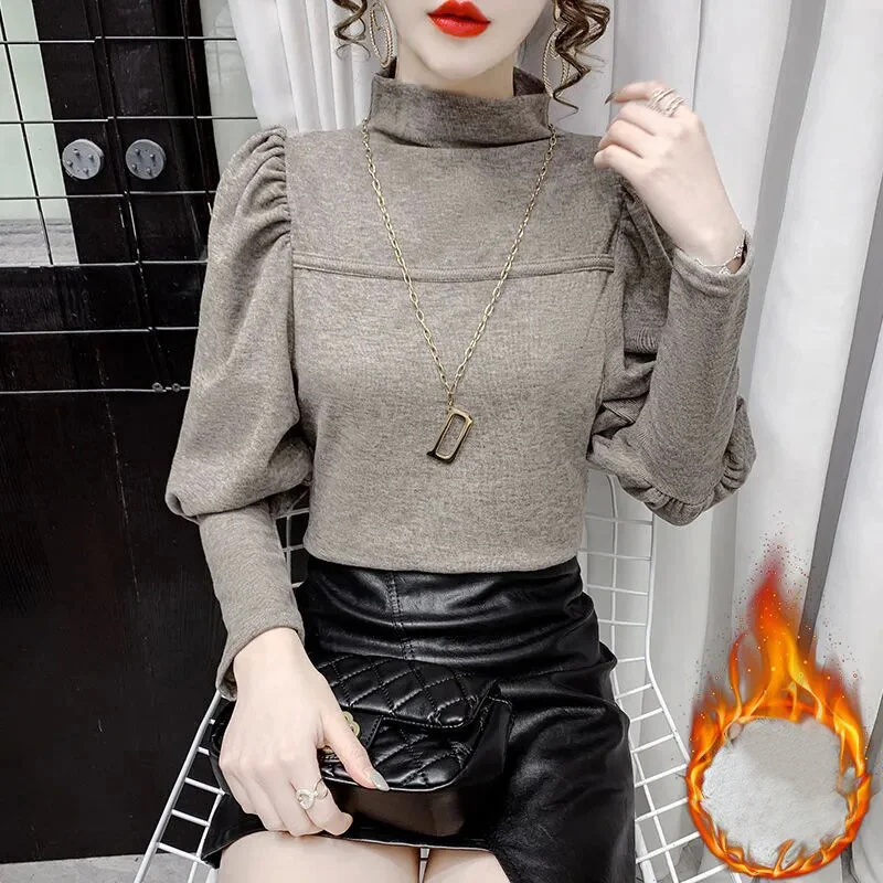 

Winter Korean Fashion Elegant Turtleneck Solid Slim All Match Basic Ladies Tops Women's Casual Long Sleeve Warm Thick T-shirts