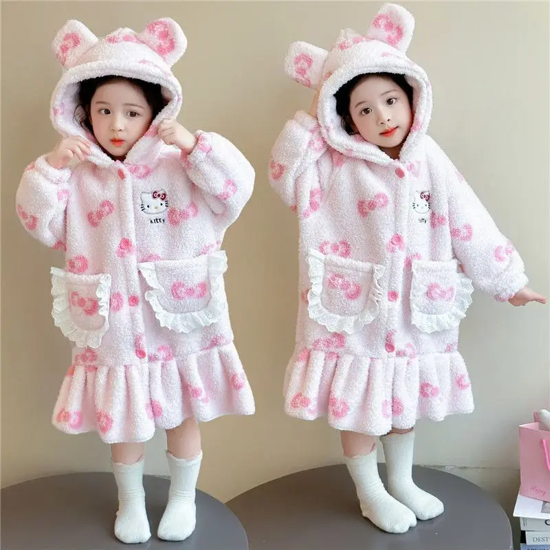

Sanrio Girl Hello Kitty коралловый бархатный пижамный халат Kawaii детская домашняя одежда аниме студенческий зимний новый утолщенный халат с капюшоном