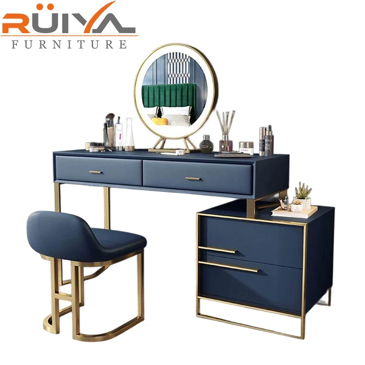 Scandinavian Leather Dressing Table With Mirror and Chair Simple Bedroom Makeup Vanities Durable for Small Apartments