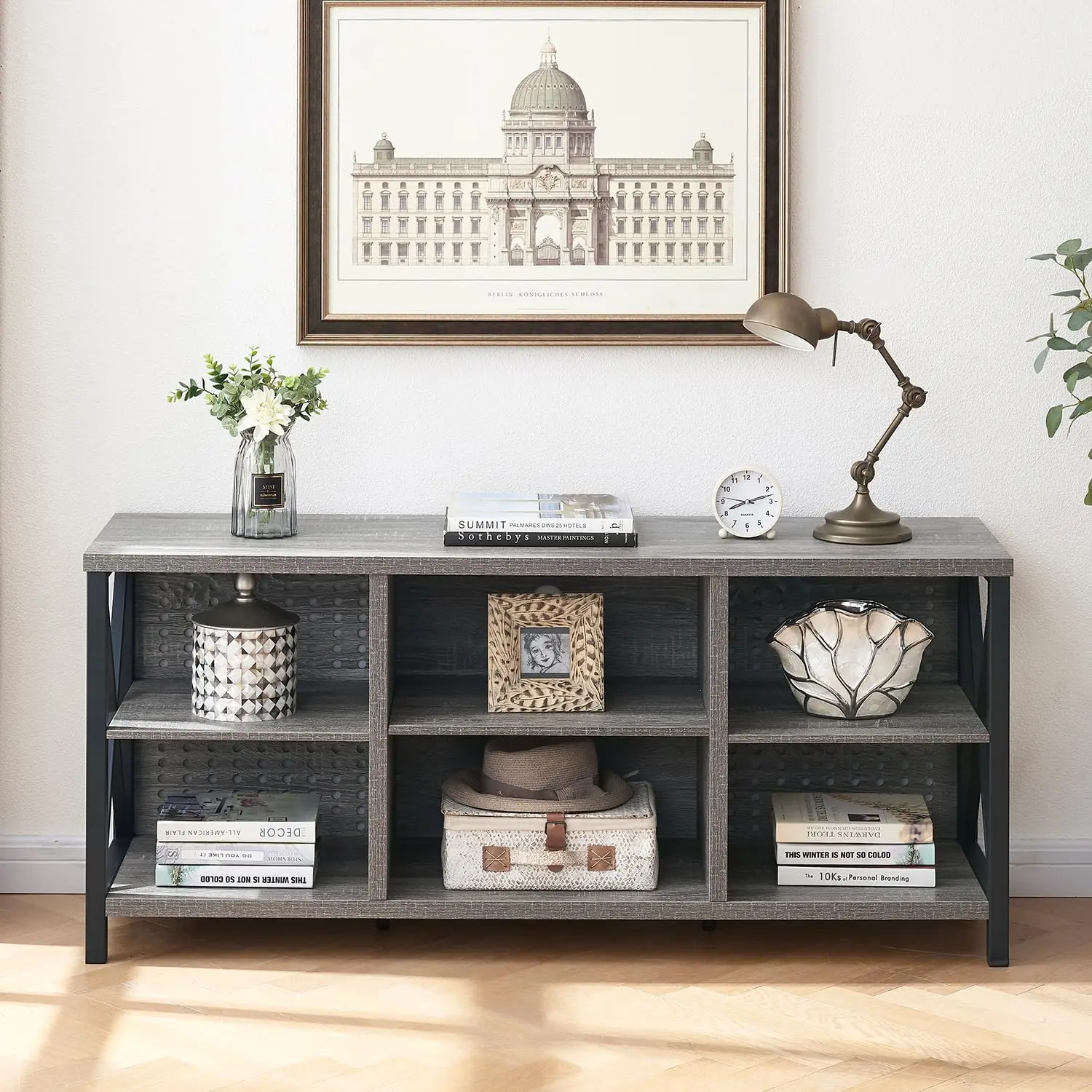 حامل تلفزيون لتلفزيون 75 بوصة، مركز ترفيه خشبي ريفي، حامل وسائط معدني صناعي مع مساحة تخزين، بلوط رمادي فاتح، 63 بوصة #6