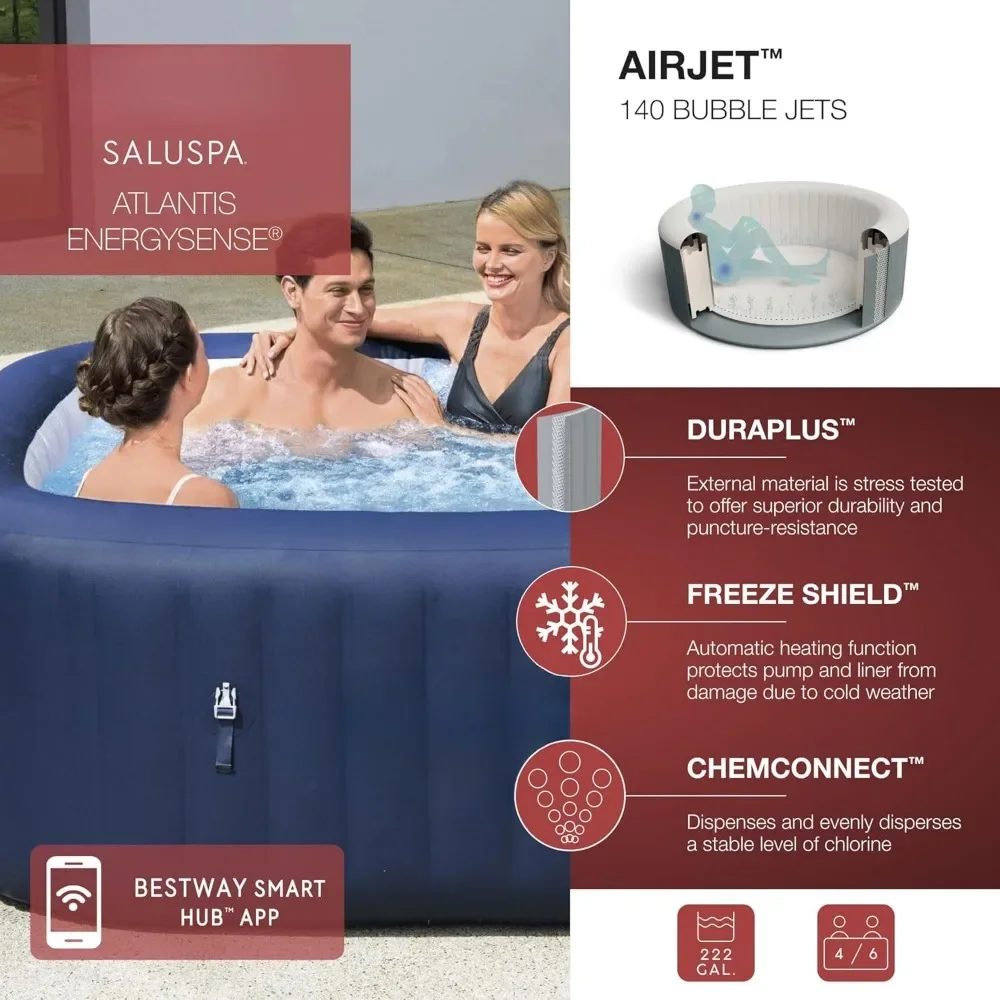 Outdoor Hot Tub with 140 AirJets and EnergySense Cover, Portable Outdoor Spa, Large Square 4 to 6 Person Inflatable Hot Tub