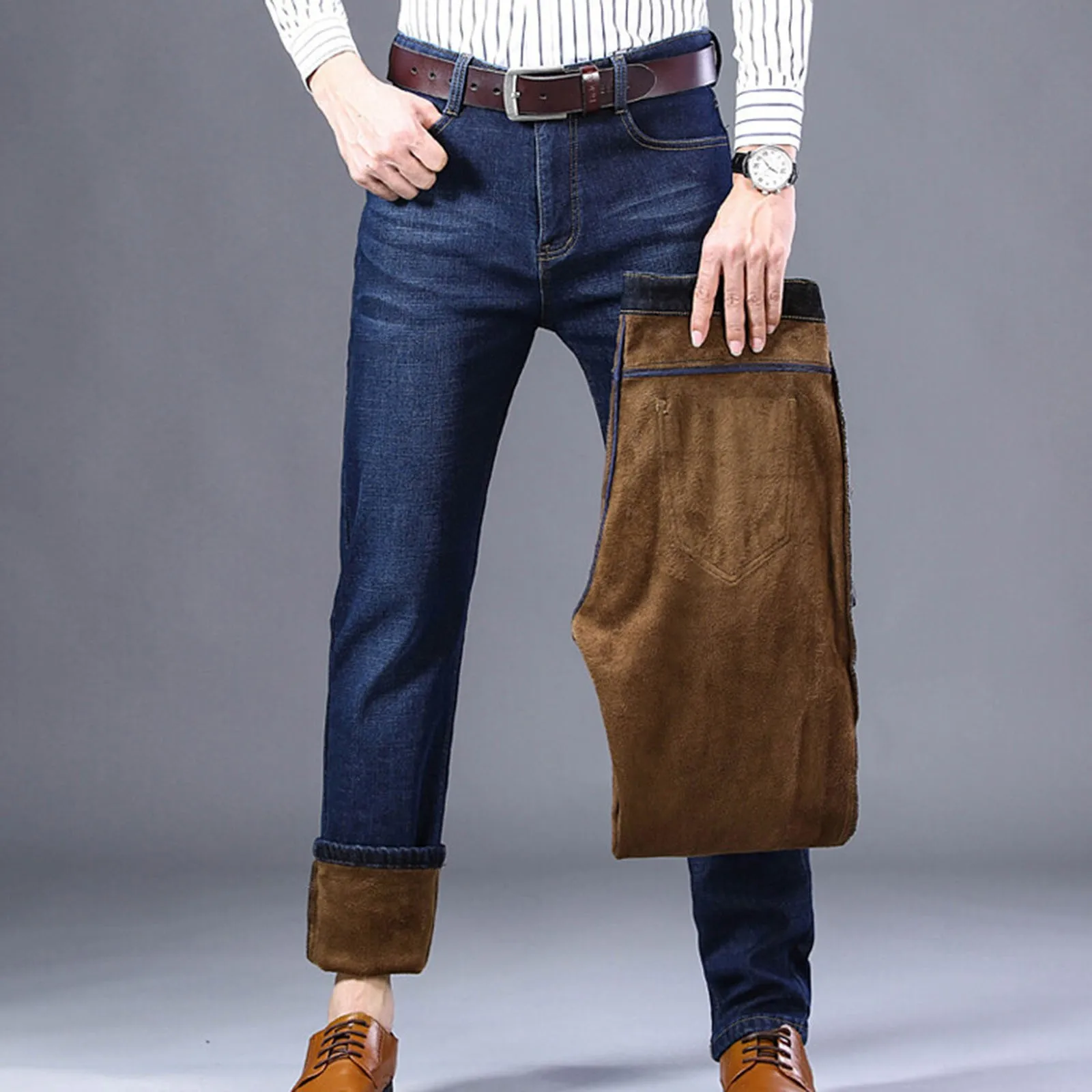 2024 Stretch Man Solid Color Jeans Autumn Winter Fleece Warm Casual High Quality Straight Denim Pants Trousers Male