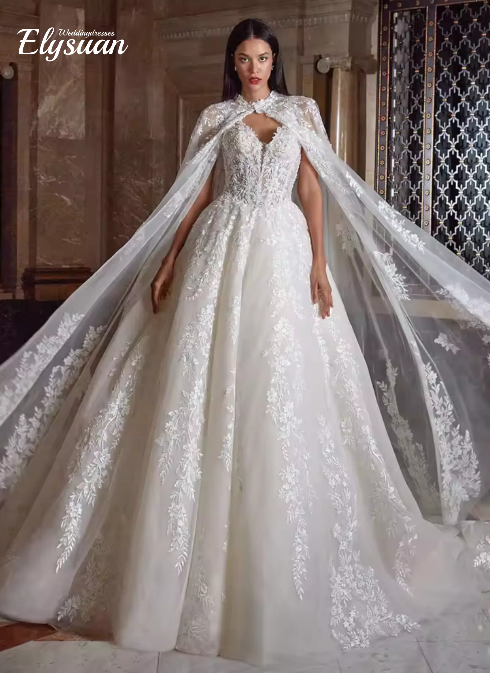 

Customized Deep V-Neck Sequins Appliques Lace A-Line Bridal Wedding Dress With Detachable Shawl Vestido De Noiva