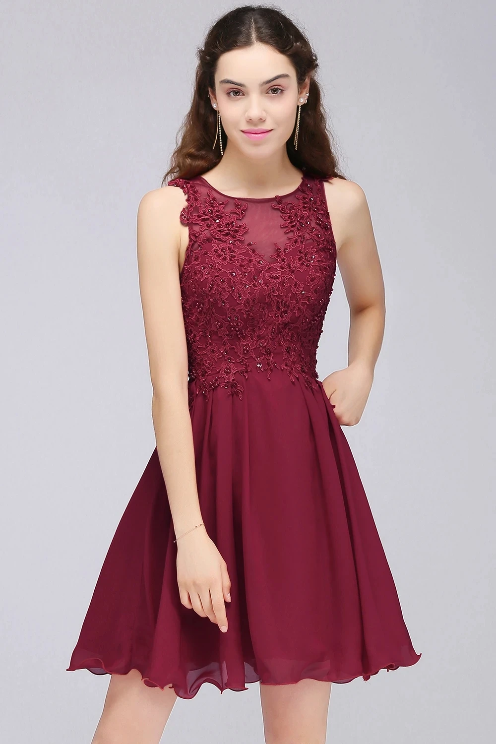 BABYONLINE Homecoming Dress Evening Dress With Decortion Beads Stones on Floral Integrated Cups Glitter Chiffon A-line Skirt