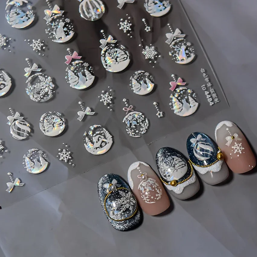 Shiny White Snowball Bowknot Snowflake Winter Snowman Christmas Tree Santa Elk Crystal Ball Star Nail Art Sticker Manicure Decal