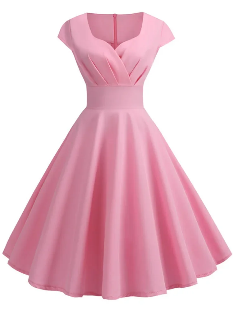 

Pink Summer Dress Women V Neck Vintage Robe Elegant Retro pin up Party Office Midi Dresses