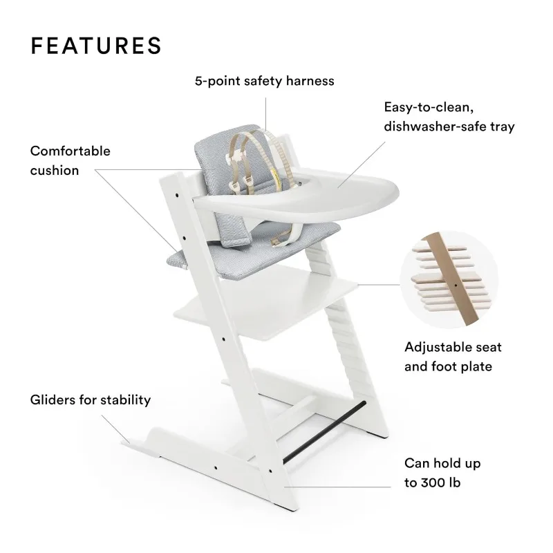 Tripp Trapp High Chair and Cushion with Stokke Tray - White with Nordic Blue - Adjustable, Convertible, All-in-One High Chair