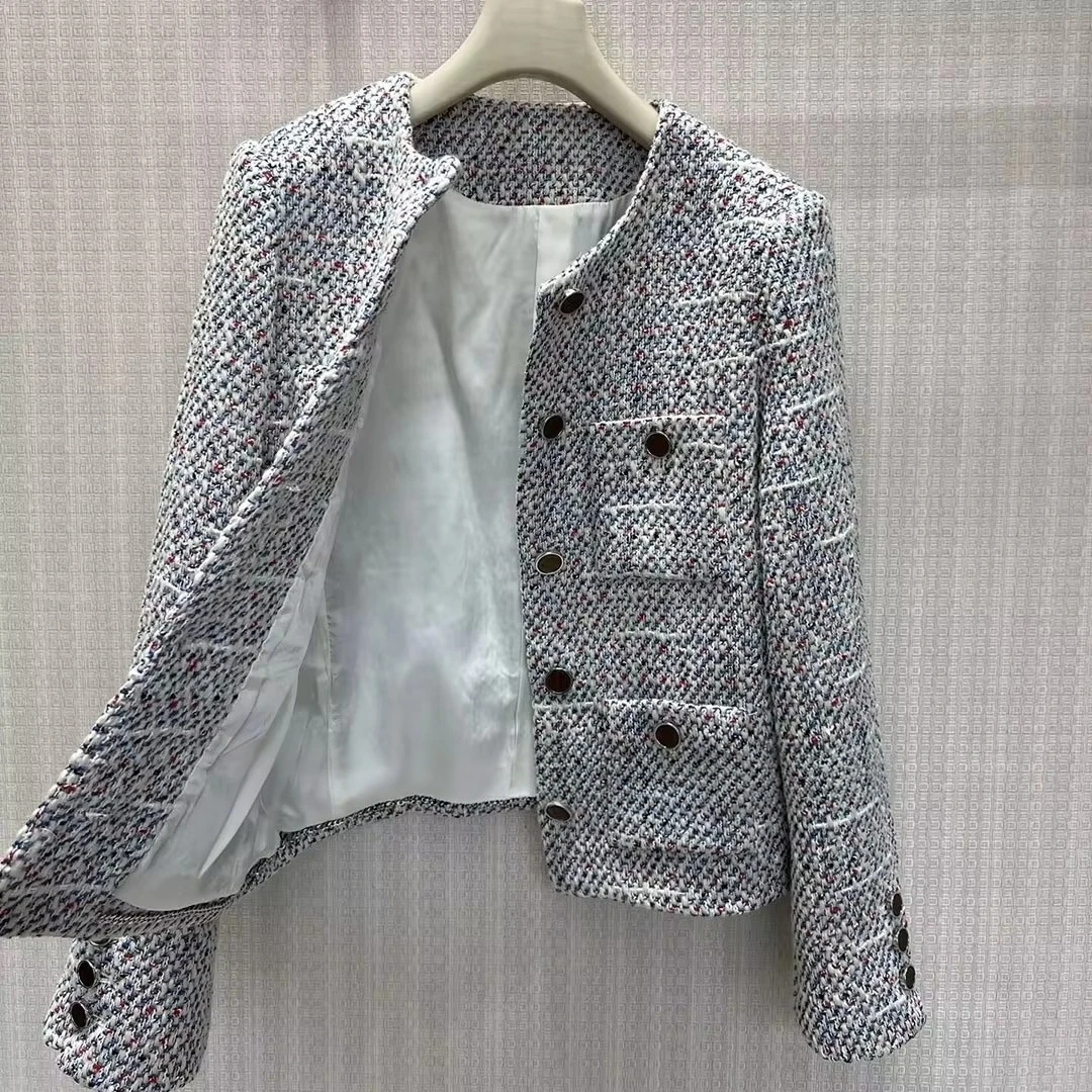 Vintage Woven Plaid Pattern Tweed Jacket Women 2026 New Fall Winter O-neck Metal Buttons Four Pockets Long Sleeve Chic Cute Coat