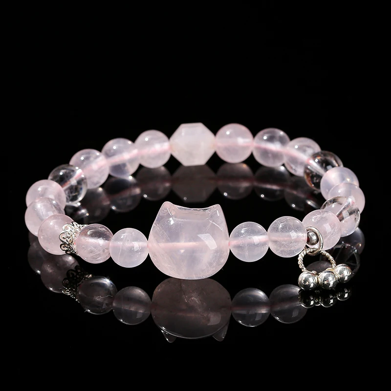 Natural Stone Cat Head Bead Bracelet 8mm Silver Mozambique Star Rose Obsidian Copper Accents Jewelry for Unisex Daily Wear Gift