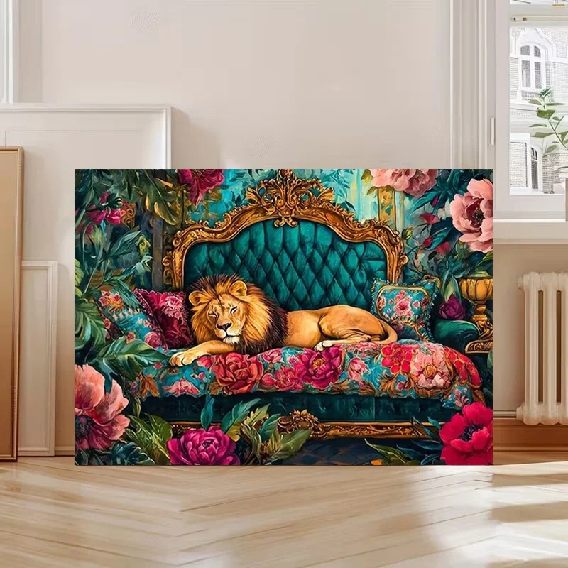 Multiple sizes 1pc frameless Canvas Painting,Retro Lion on Ornate Sofa Poster and Prints Canvas Painting Wall Art Pictures Home
