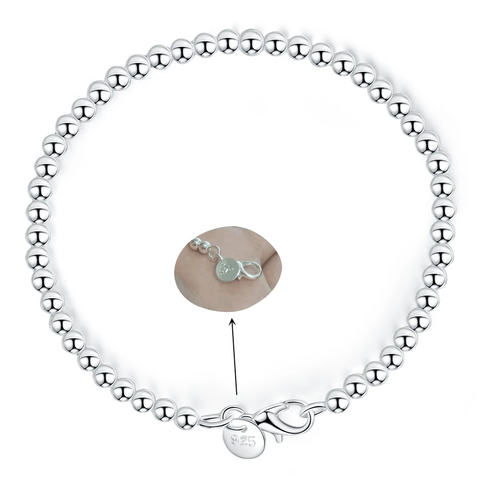 

925 Sterling Silver 8inch 4mm Bead Bracelet for Women's and Men's Trending Jewelry