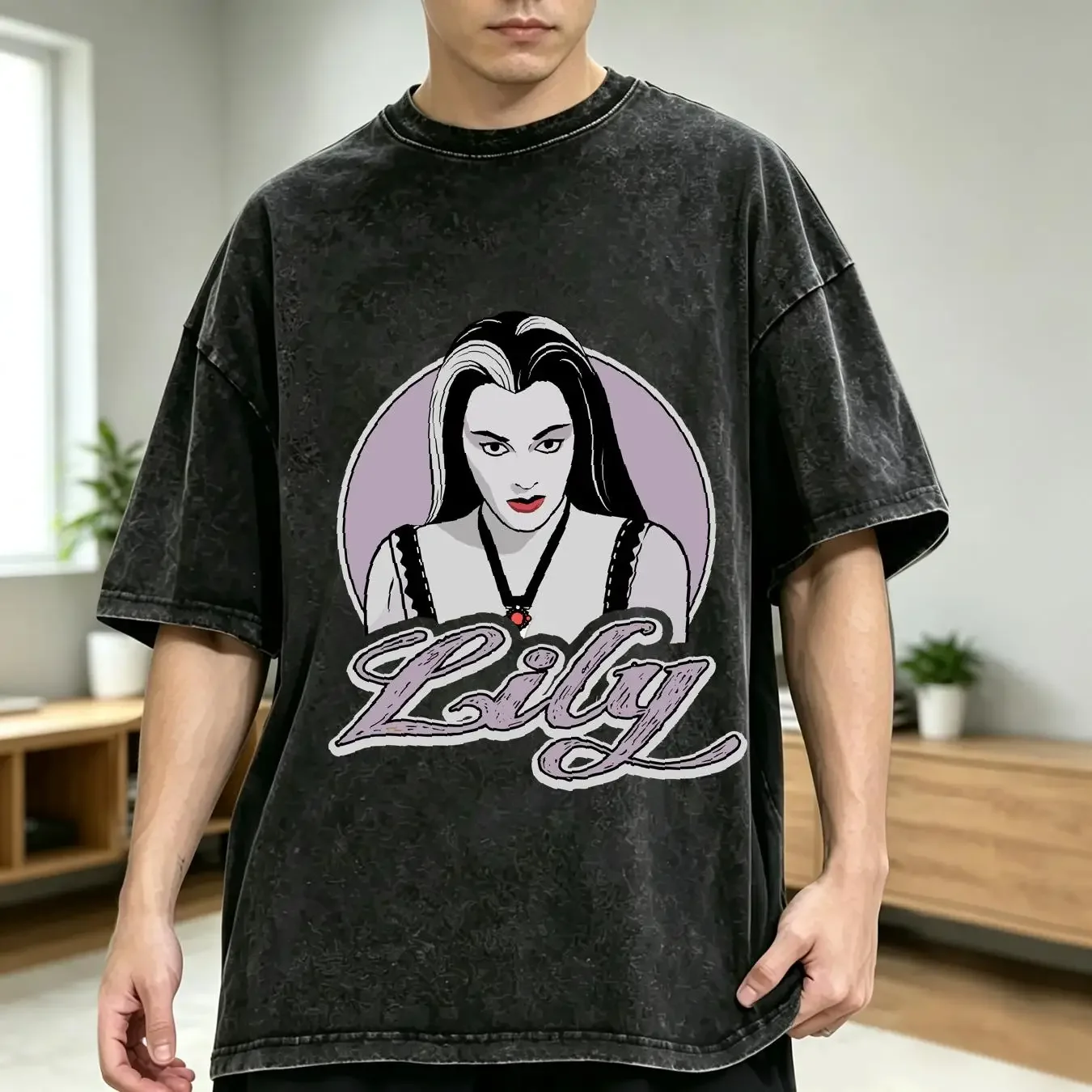 washed T Shirt Lily Munster Retro Spooky Comedy Illustration The Munsters Mens All Sizes And Colours long or short sleeves