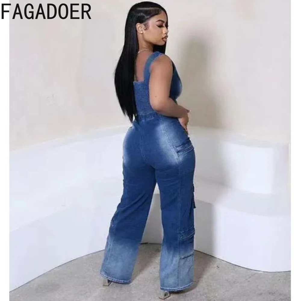 FAGADOER Retro Dark Blue Fashion Denim Wide Leg Pants Two Piece Sets Women V Neck Zipper Irregular Tank Top And Pants Outfits