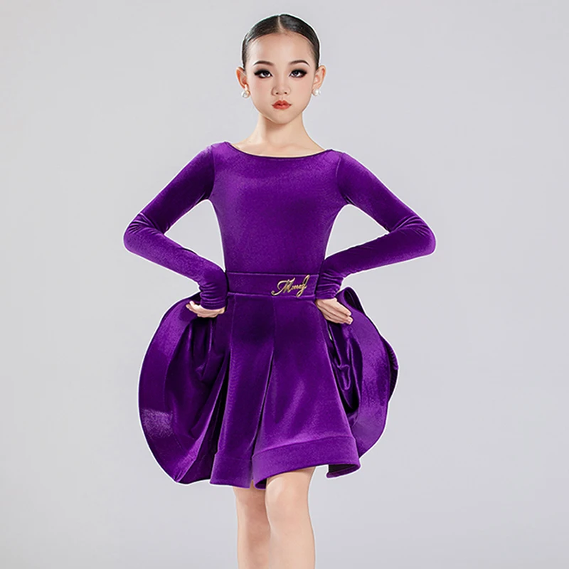 

Детская одежда для латинских танцев, 2025 год, фиолетовый танцевальный костюм для девочек, трико с длинными рукавами, юбка «рыбий кости», детский наряд для латинских танцев, 4528