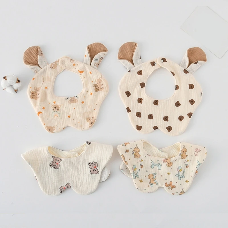 New Designs Cartoon Bunny Ear Baby Bibs Thick Cotton Gauze Muslin Newborn Burp Cloths Feeding Drooling Bib Infant Saliva Towel