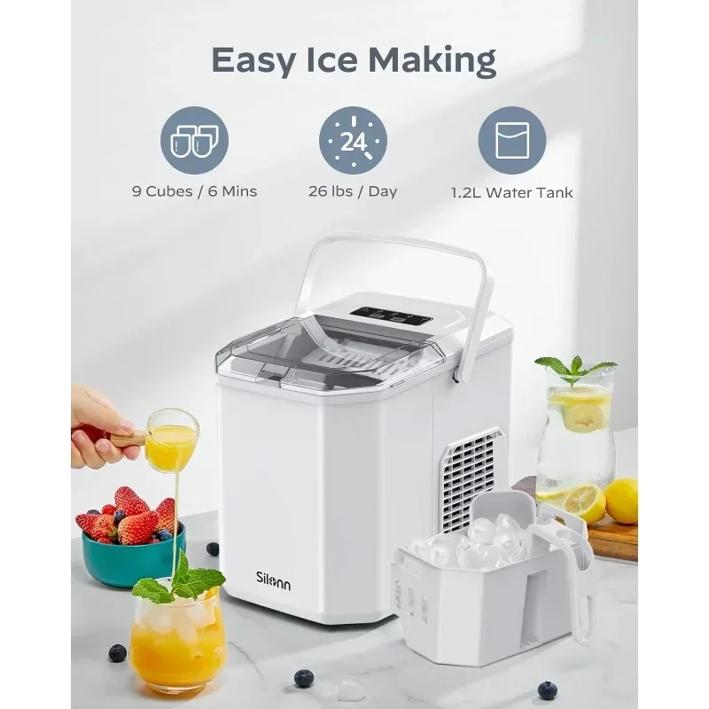 Silonn Ice Maker Aanrecht, Draagbare Ijs Machine Met Handvat, Zelfreinigende Ijs Makers, 9 Kubussen In 6 Minuten