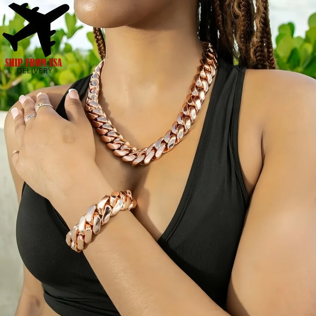 22mm Chunky Stainless Steel Miami Cuban Link Necklace - Rose Gold Plated, Copper Clasps, Solid, Adjustable 16