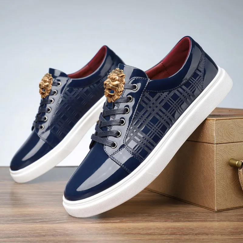 

Men's sneakers and casual shoes stylish pointed-toe patent leather business casual men's shoes with shiny flat sole