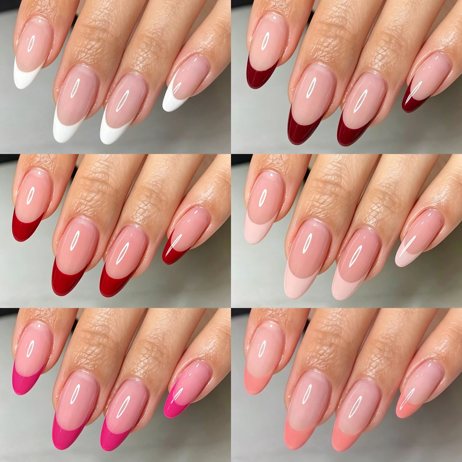 144 Stück mittelgroße, mandelförmige, französische Press-on-Nägel mit 1 Stück Streifen, rot, rosa, weißer Rand, gemischte Kunstnägel in 12 Größen, tragbare Fingernägel