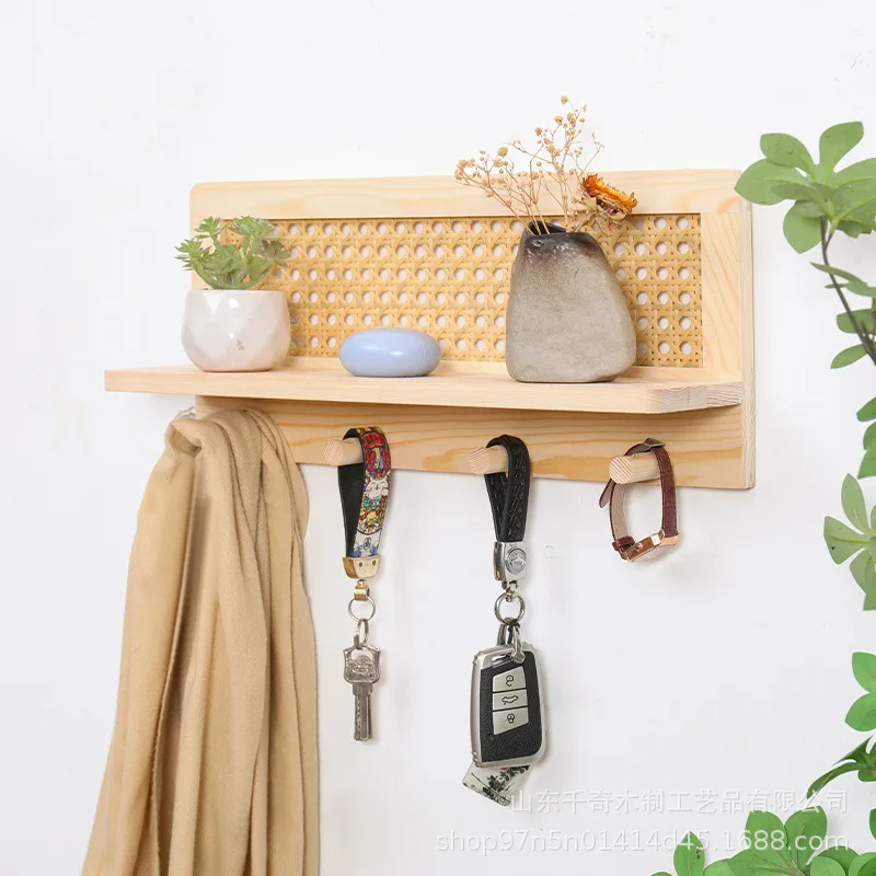 Solid wood rattan rack entrance key hanger magazine newspaper storage background wall decorative