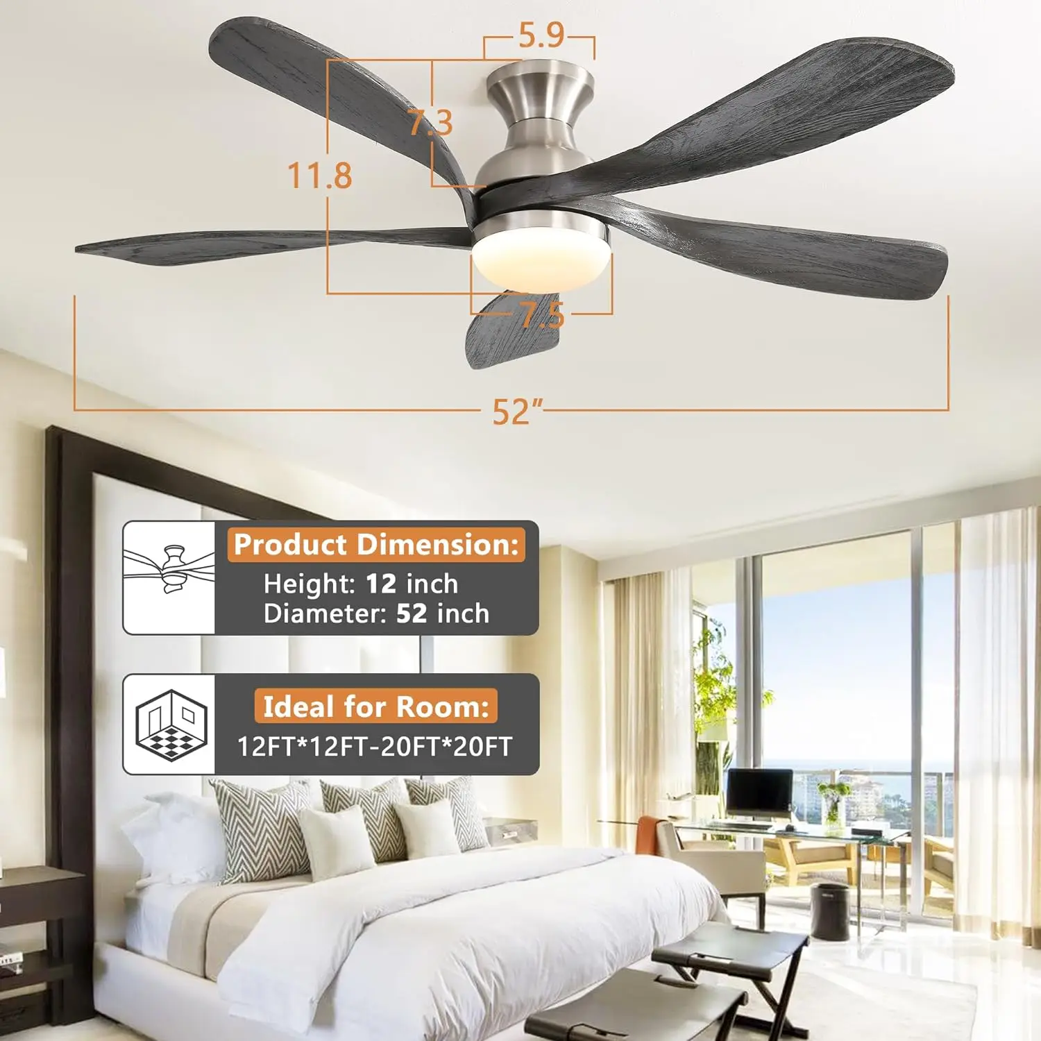 Sofucor Modern 52-inch Ceiling fan with LED DC  with remote control for Living room Bedroom