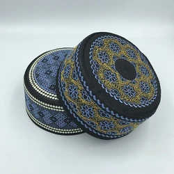 Worship Hat Muslim Men's Flat Top Round Edge Hui Performance Hats Embroidery Blue Flower Saud Cap Islam Homme Kufi Prayer Bonnet
