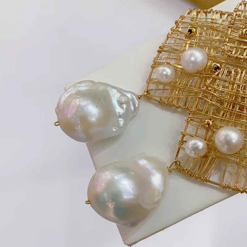 SGARIT Natural Fresh Water Irregular Aurora Bright White Baroque Pearl Earrings 14k Gold Filled Pendant Earrings for Women