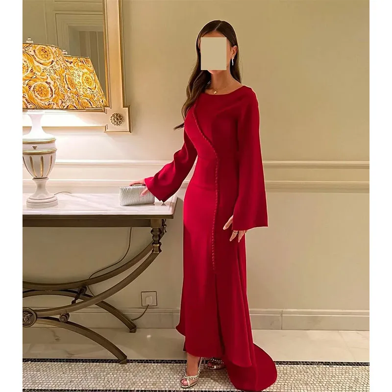 

Elegant Red Mermaid Prom Dresses With Long Sleeve Ankle-Length Sweep Train Party Dress Formal Evening Dresses for Women
