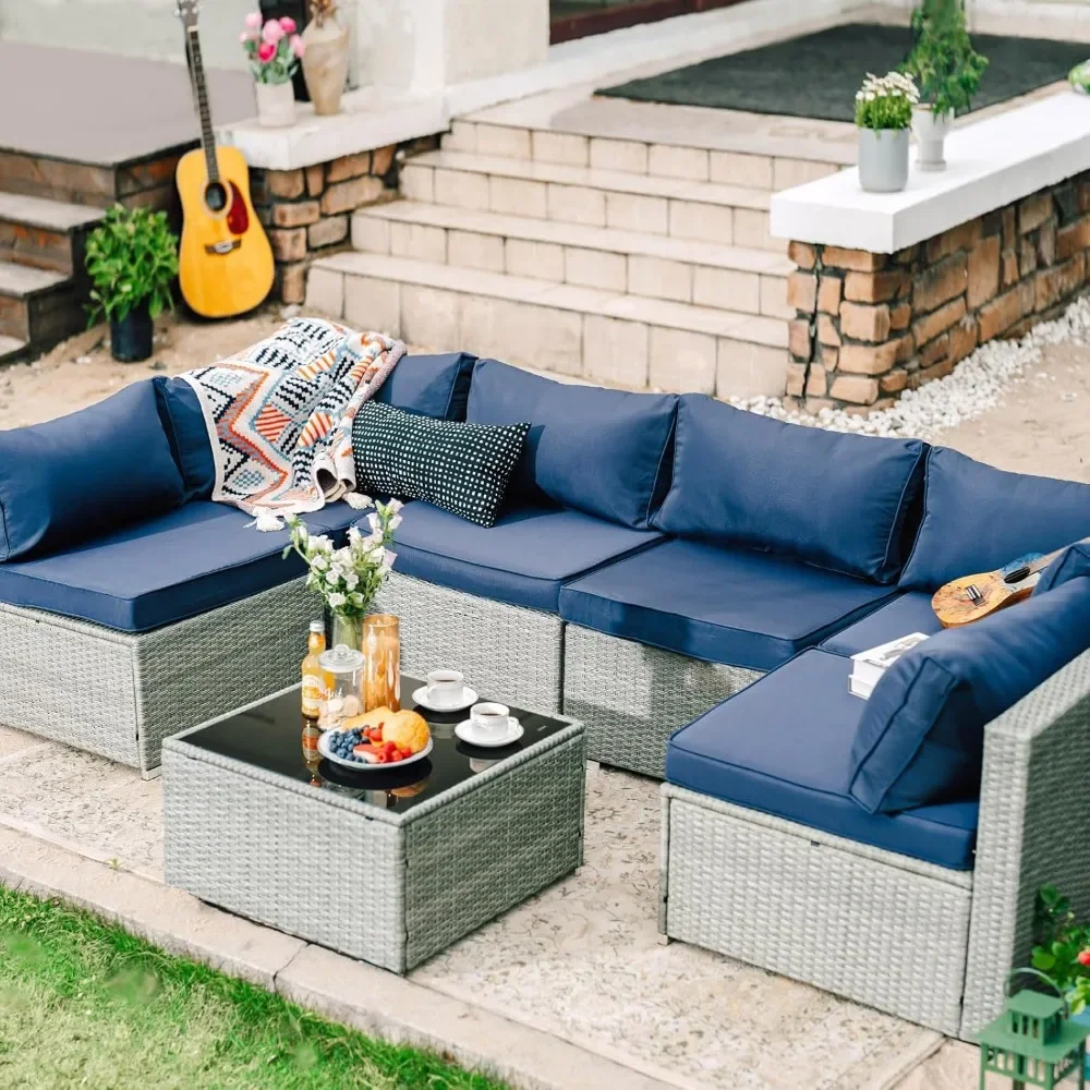 7 Pieces Patio Furniture Set, Outdoor Sectional Wicker Rattan, Cushion, Glass Table, Patio Conversation Sets