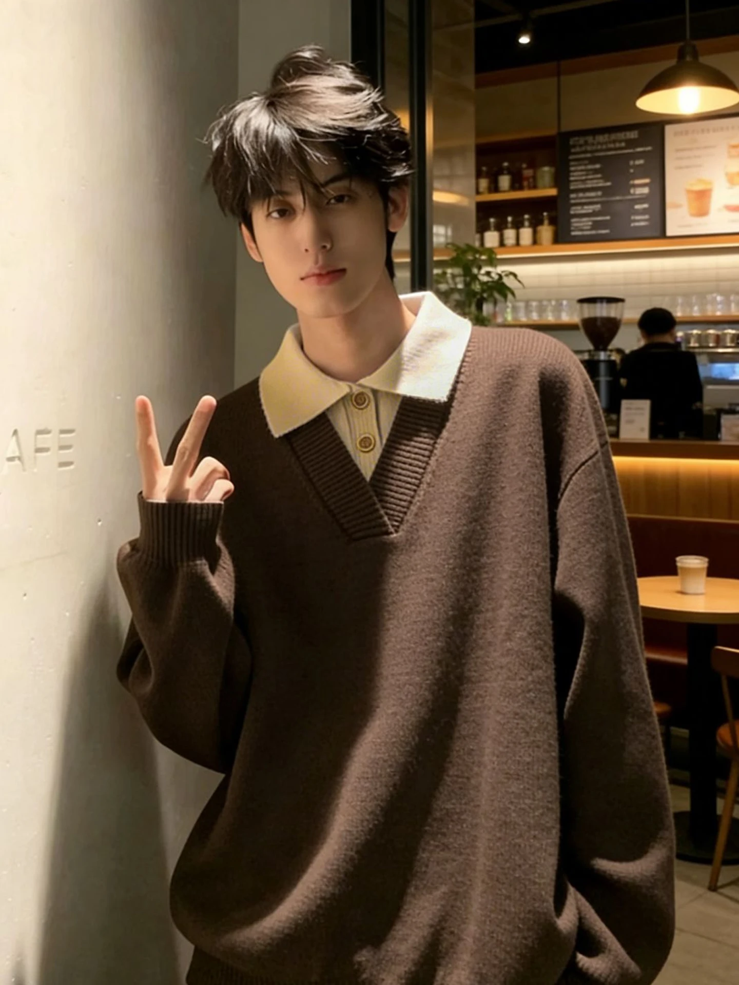 

Men's Ne Knitted Sweater Brown Coffee Fake Two-Piece Winter Thiened Inner Wear Base Layer Casual Loose Fit Long Sve