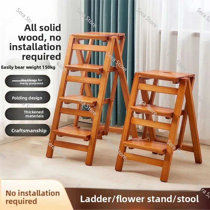 Solid wood household multi-functional folding ladder chair, indoor mobile climbing ladder dual-purpose four-step ladder stool