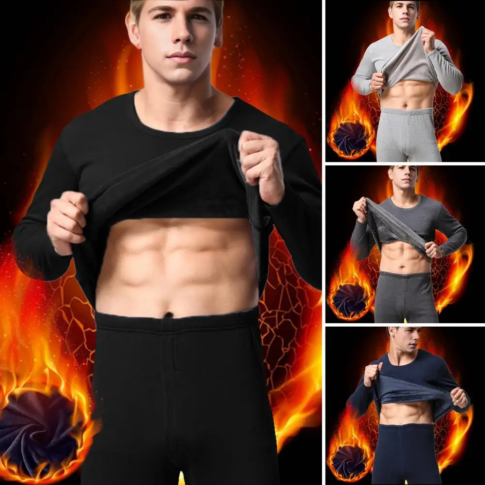 Men Warm Suit Men's Plush Lined Pajama Set with O-neck Top Elastic Waist Pants Cozy Winter Loungewear for Him Velvet Lining Men