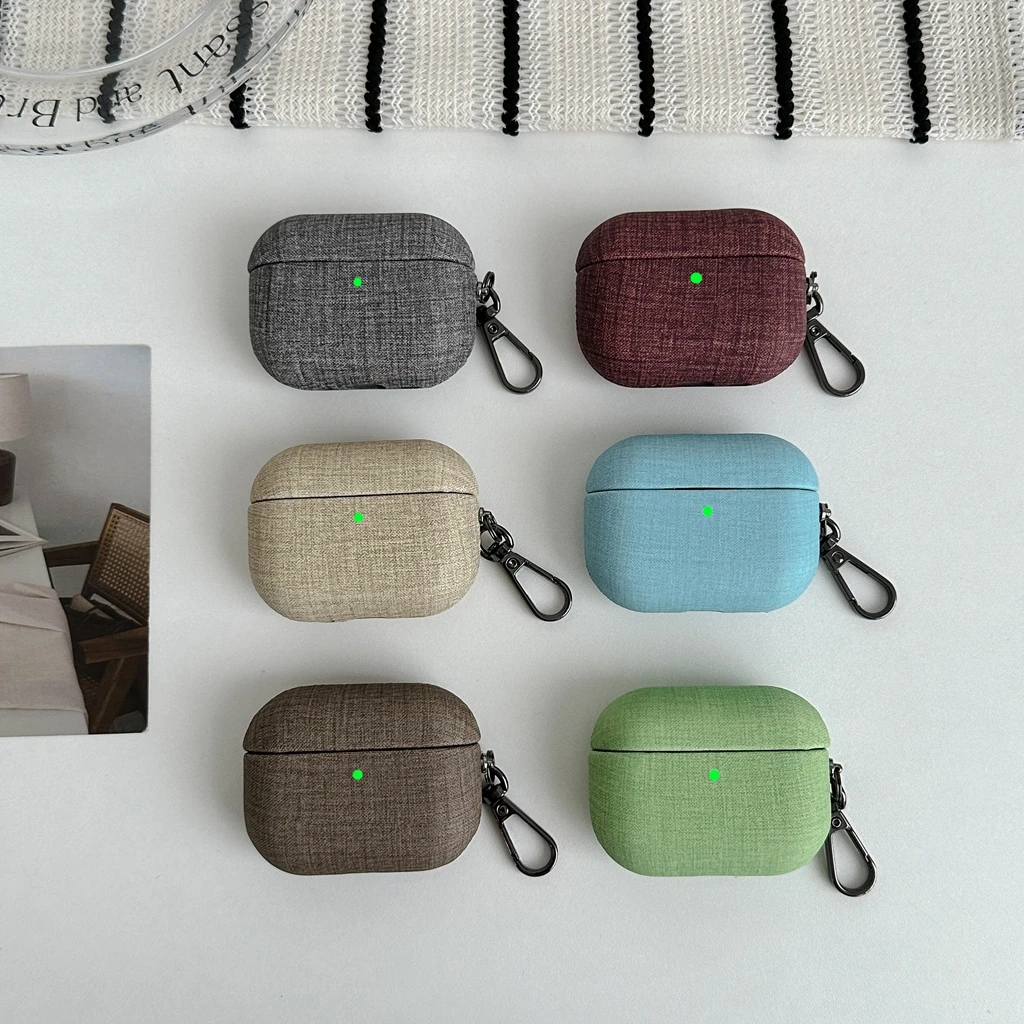 Retro Minimalist Linen Texture With Hook Shockproof Protective Earphone Cover Case for AirPods 1 or 2 3 4 5 Pro 2 Pro 3