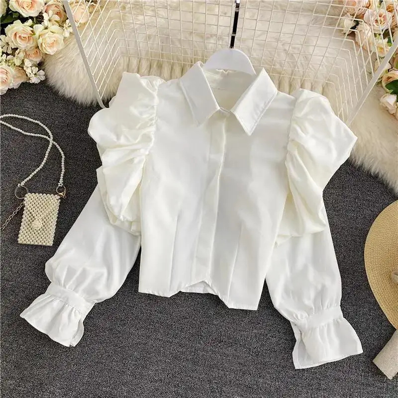 Casual Elegant Turn Down Collar Retro Court Style Ruffled Puff Sleeve Lapel Long-sleeve Top Solid Office Lady Shirt And Blouses