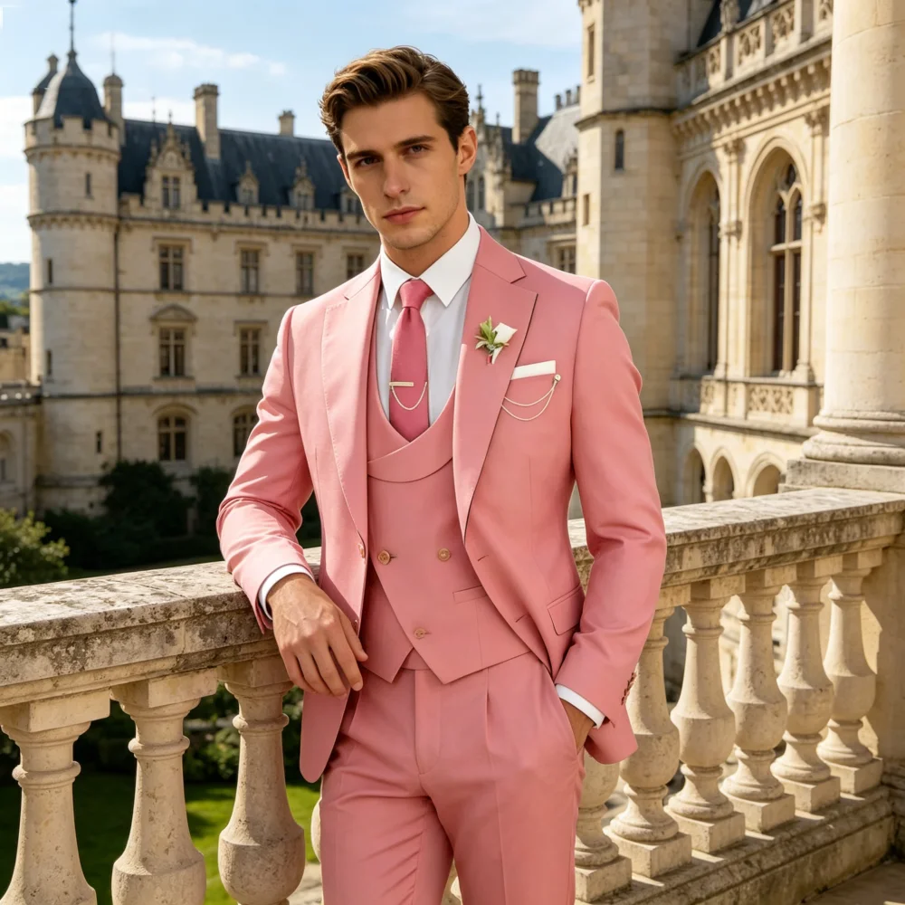 

Мужской розовый костюм-тройка в вертикальную полоску - пиджак на двух пуговицах + жилет + брюки, подходит для свадеб и делового повседневного стиля