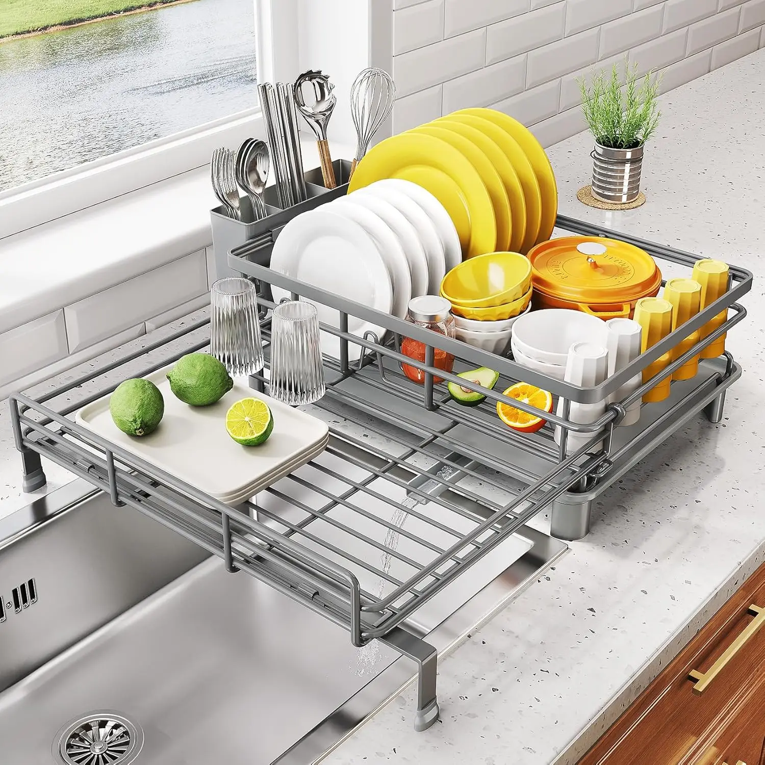 

Extendable Dish Rack, Large Sink Drying Dish Drainer For Kitchen Counter, Stainless Steel Dish Strainer