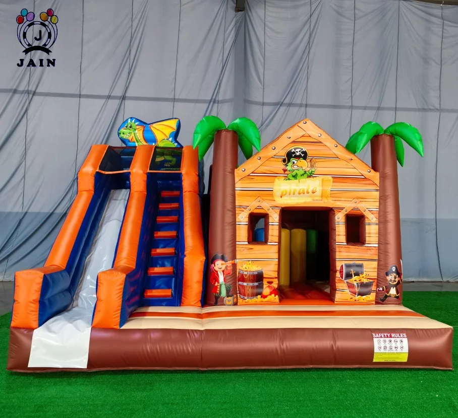 16FT Grote Opblaasbare Pirate Jungle Bounce House Met Slide & Blower Springkasteel Springkasteel Springhuis Voor Kinderen Buitenfeestverhuur