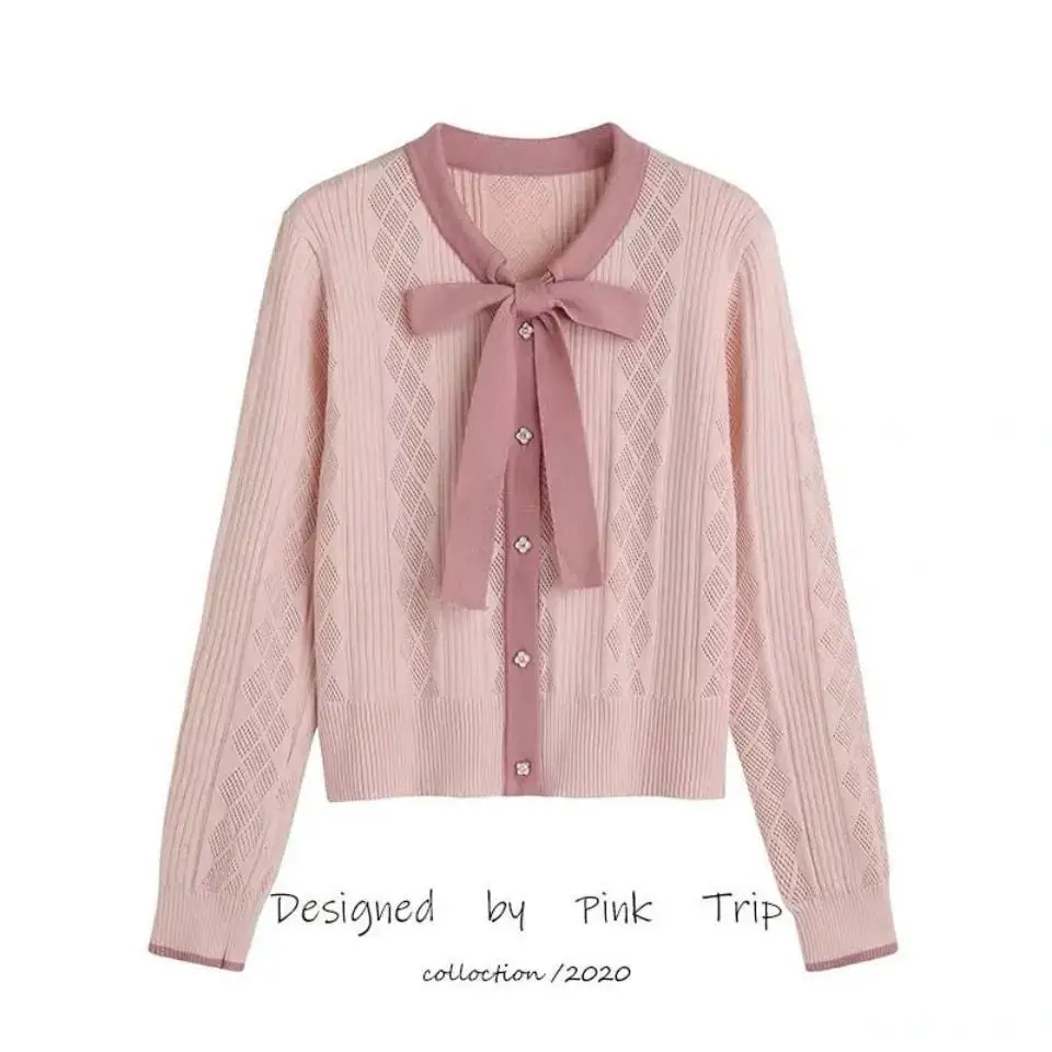 Lace Up Bow Knit Cardigan Spring And Autumn New Women\'s Color Contrast Hollow Pin Short Slim Top