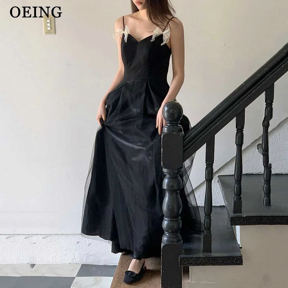 

OEING Fairy Black Tulle Evening Dresses Spaghetti Strap V Neck Wedding Photoshoot Floor Length Prom Gowns Formal Prom Gowns