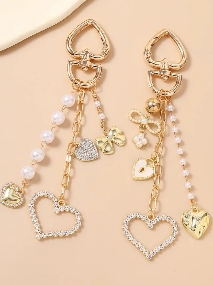 Aihua Goldfarbener Exquisiter Perlen-Kristall-Herz-Schlüsselanhänger, Niedliche Schlüsselanhänger für Frauen und Mädchen, Handtaschenanhänger, Schlüsselketten, DIY-Schmuck – Detail 2