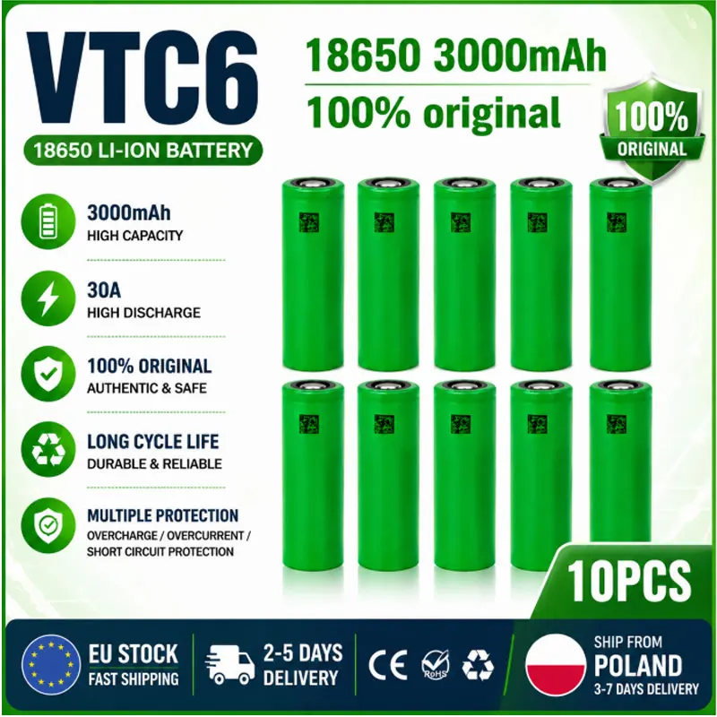 EU-Lagerbestand 18650 VTC6 3,7V 3000mAh 30A Hochleistungs-Li-Ionen-Zelle für Taschenlampen, Spielzeug und Werkzeuge
