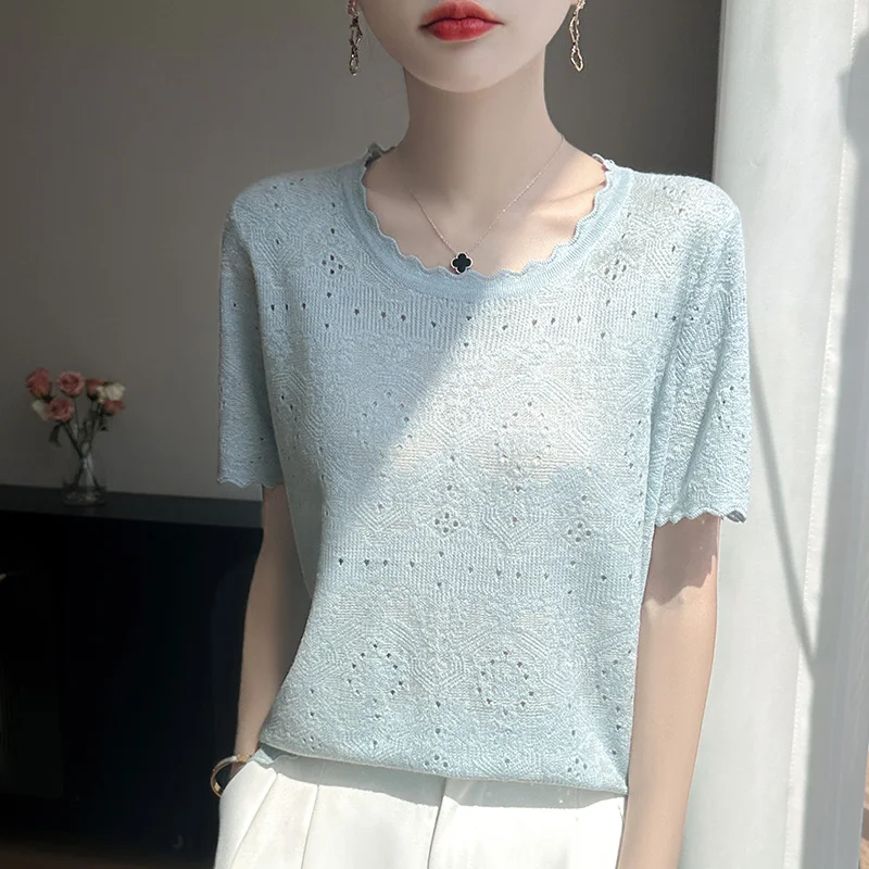 Summer New Knitted Women's Short Sleeve Casual Round Neck T-shirt Basic Style Versatile Loose Breathable Pullover Lace Top
