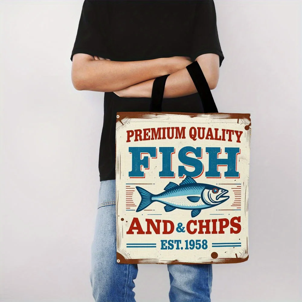 1pc Vintage Sardine Fish Design Canvas Tote Bag for Women -Durable & Reusable Grocery Shopper for Travel, Shopping