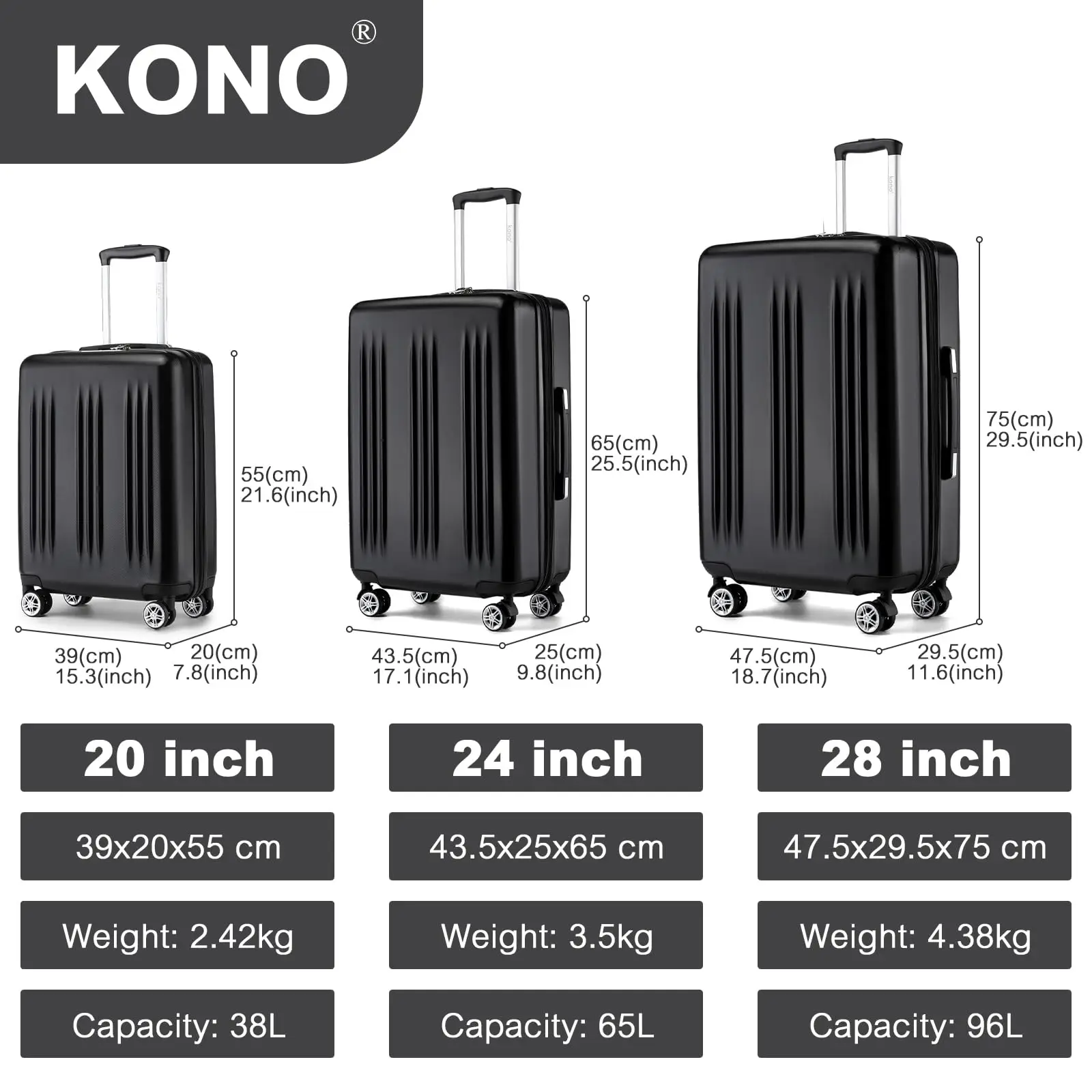 KONO 3 Series Suitcase Set Expandable 4 Roll TSA Lock Lightweight hand luggage 55cm Medium 65cm Large 75cm Trolley