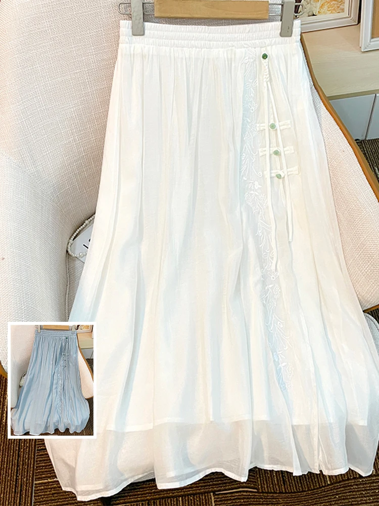 

Double Layer Embroidered Silk Cotton High Waist A-Line Midi Skirt with Wind Disk Bule Summer Loose Floa Women's Skirt