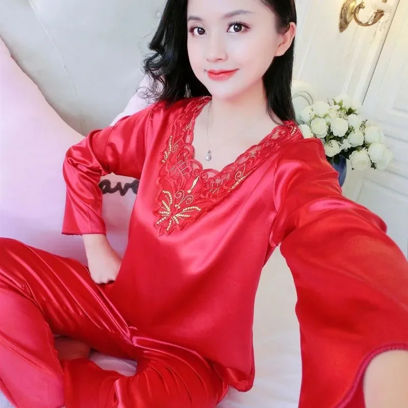 Female High-grade Home Clothing Set Summer Ladies Large Size 4XL Pajamas Two-piece Set Women Long Sleeve Silk Nightgown Outfit image 3