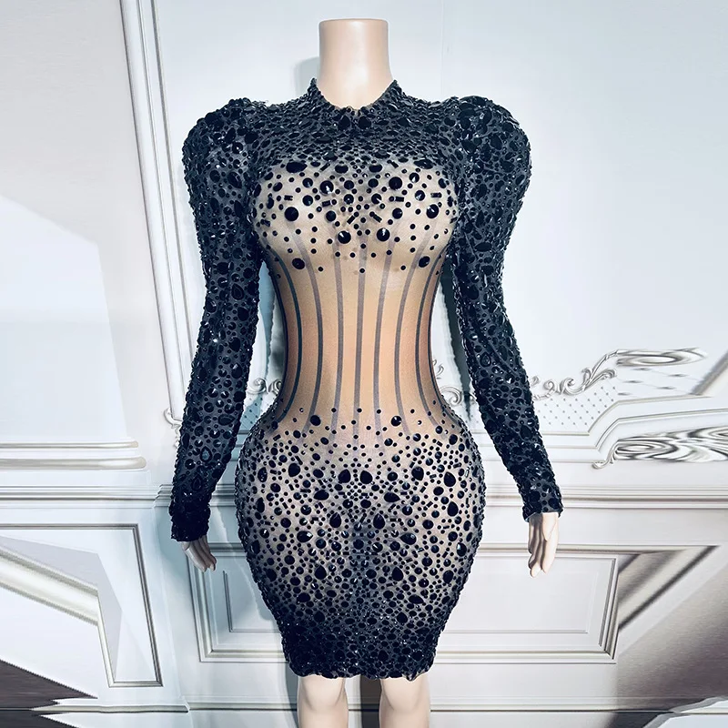 

Women's Spring Black Diamond Perspective Mini Elegant Sequined Medium Long Hip Wrap Dress Black Prom Dresses Vestidos Brillantes