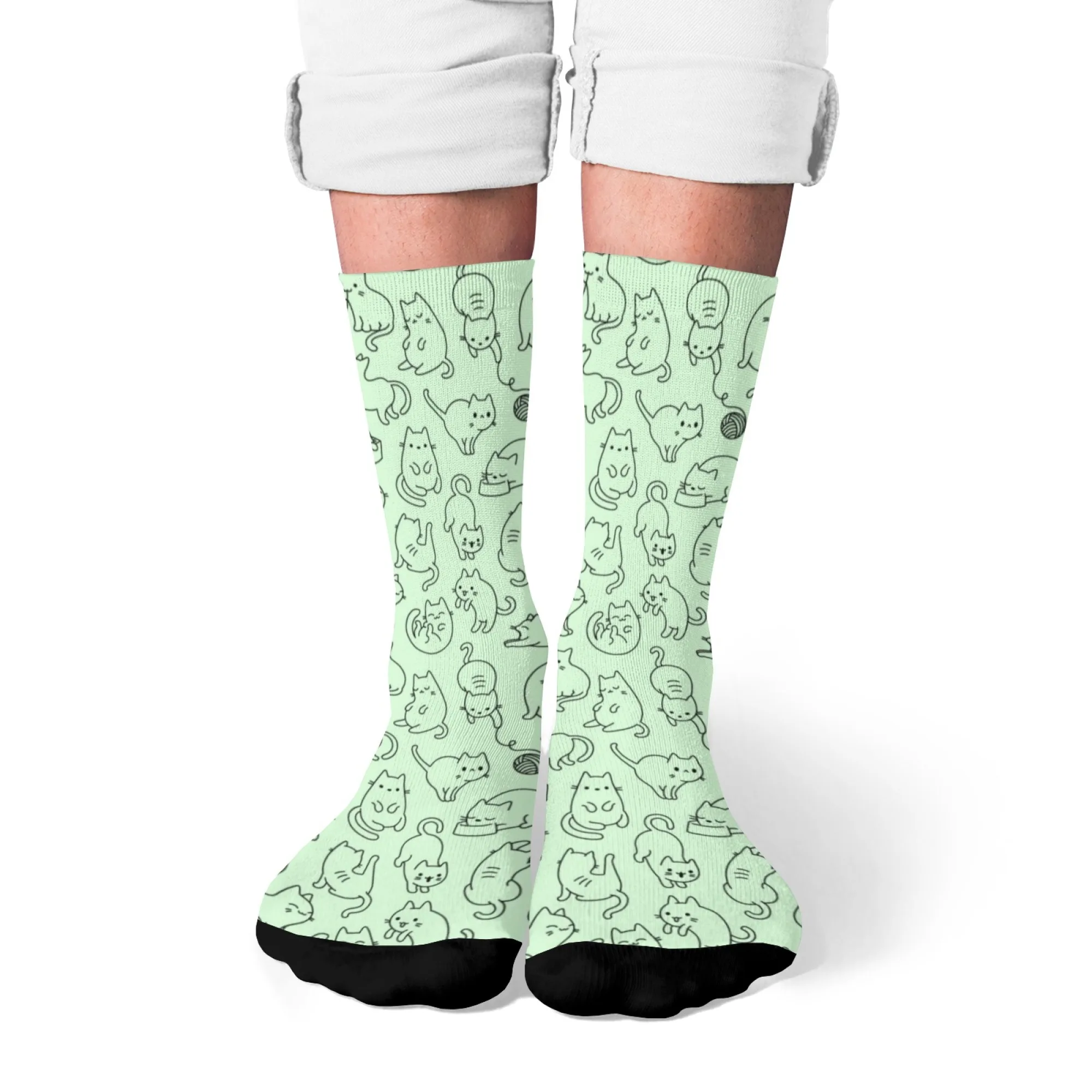 Meias artísticas de desenho animado kawaii, adorável detalhe multi-gato em verde menta, meias elásticas unissex para amantes de gatos da moda